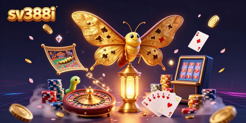 Experience the vibrant gaming world with sv388i, showcasing lively 3D illustration of a golden moth on a lantern amidst casino elements.