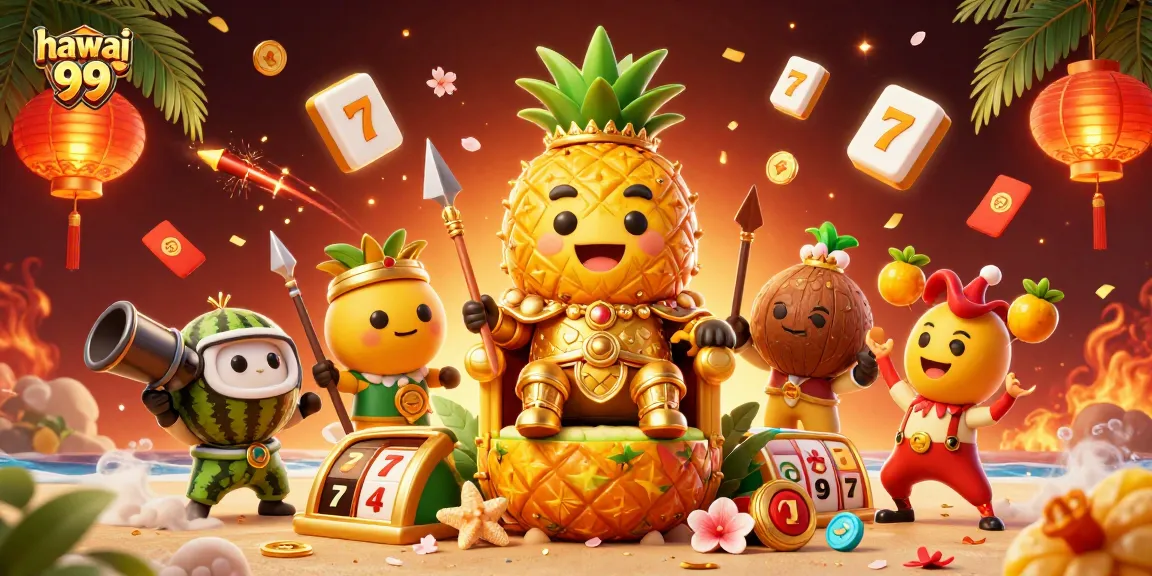 Engage with hawai 99's vibrant casino scene featuring a golden pineapple king among dynamic gaming elements.