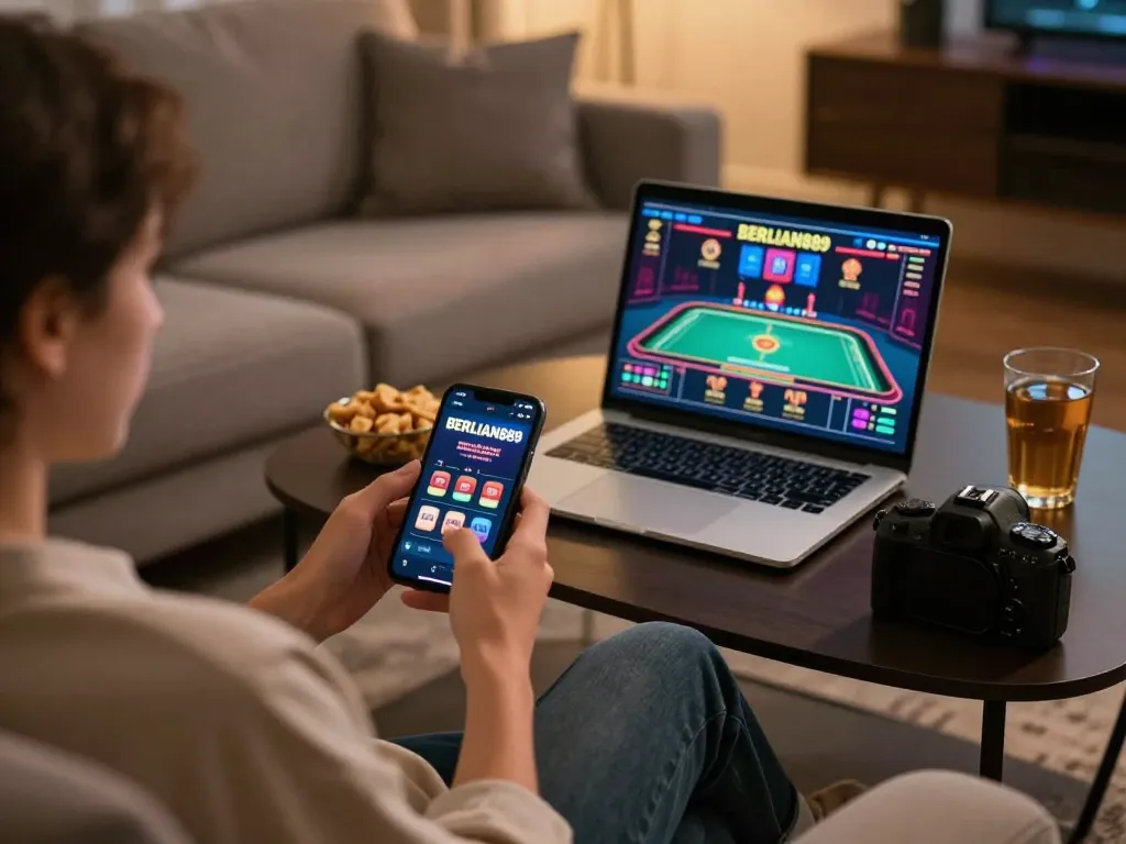 Player enjoying BERLIAN889 mobile casino app on smartphone in cozy home setting