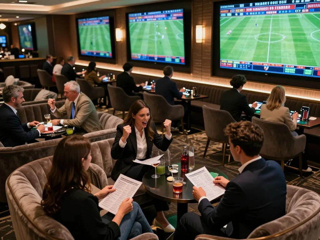 Tỷ lệ kèo nhà cái displayed on screens in an upscale sports betting lounge, with spectators analyzing bets.