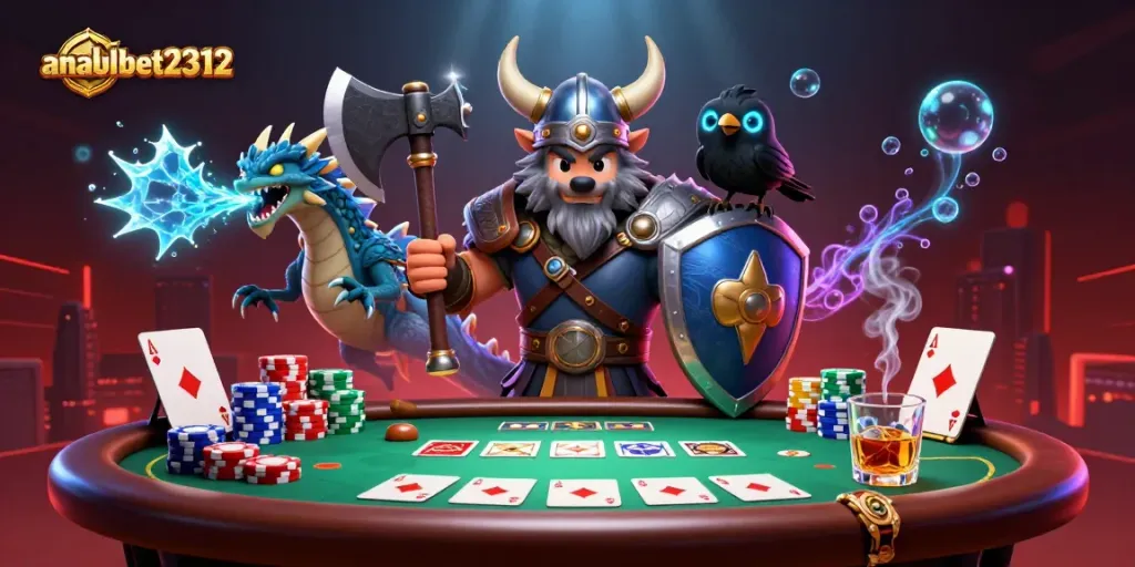 Gambarkan permainan poker seru dengan anabulbet2312 serta karakter viking dan naga yang dinamis.