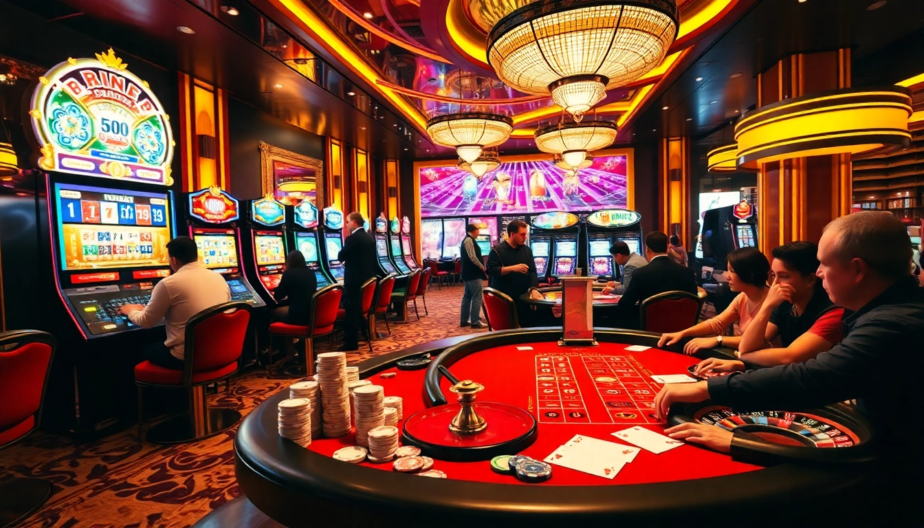 Exciting scene of gamblers enjoying link slot pakai qris in a luxurious casino setting with vibrant slot machines.