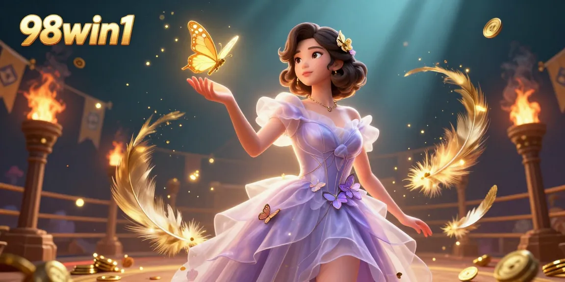 Win big with 98win1 in a vibrant casino scene filled with gold tokens and exciting game elements.
