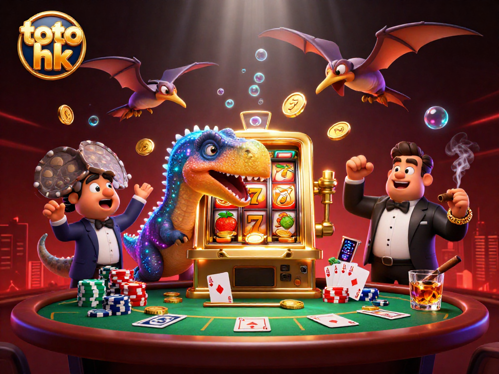 Mengambil jackpot dari permainan toto hk dengan karakter dinosaurus dan elemen permainan slot menang besar.