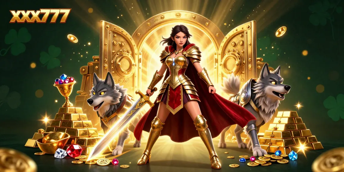 Win big at xxx777 with a glamorous queen and her armored wolf companion in a treasure-filled casino scene.