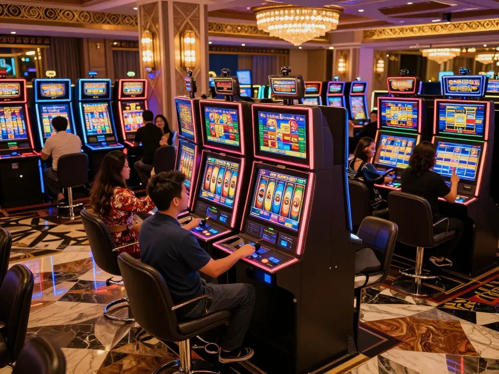 Engaged players at vibrant slot machines enjoying a thrilling slot thailand gaming experience.