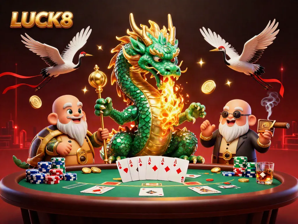 Experience LUCK8's thrilling casino atmosphere with a vibrant dragon, sage, and cranes.
