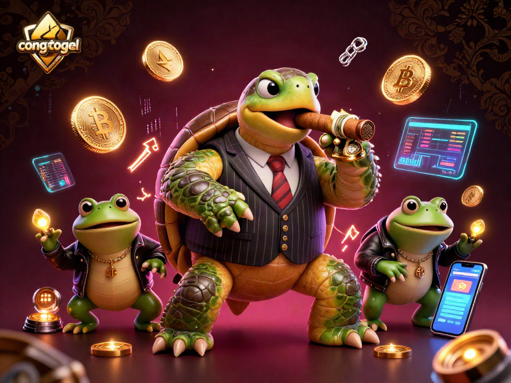 Play congtogel with an exciting illustration featuring a turtle mobster and bullfrog enforcers amidst neon crypto elements.