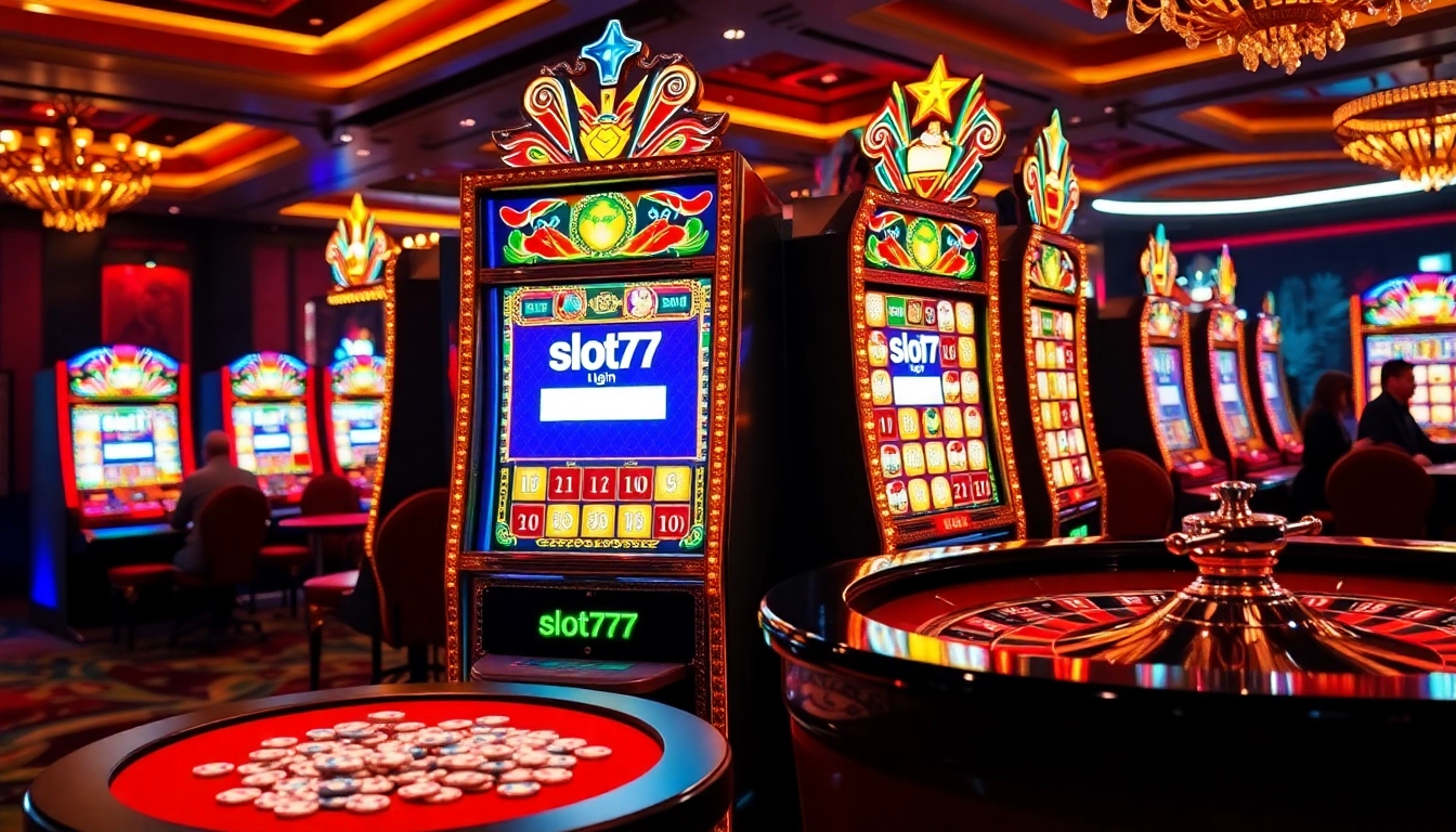 Engage with the vibrant slot777 login interface, captivating gamblers in a luxurious casino scene.