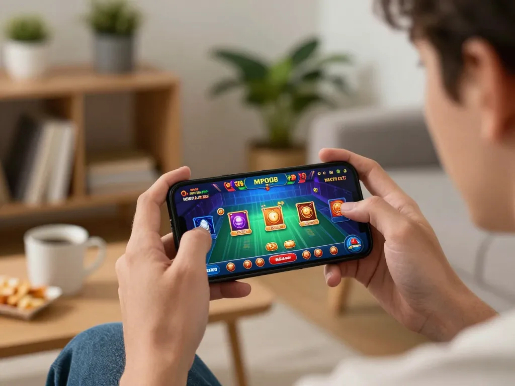 Engaging with MPO08 Link mobile casino game at home, showcasing user-friendly interface and gameplay.