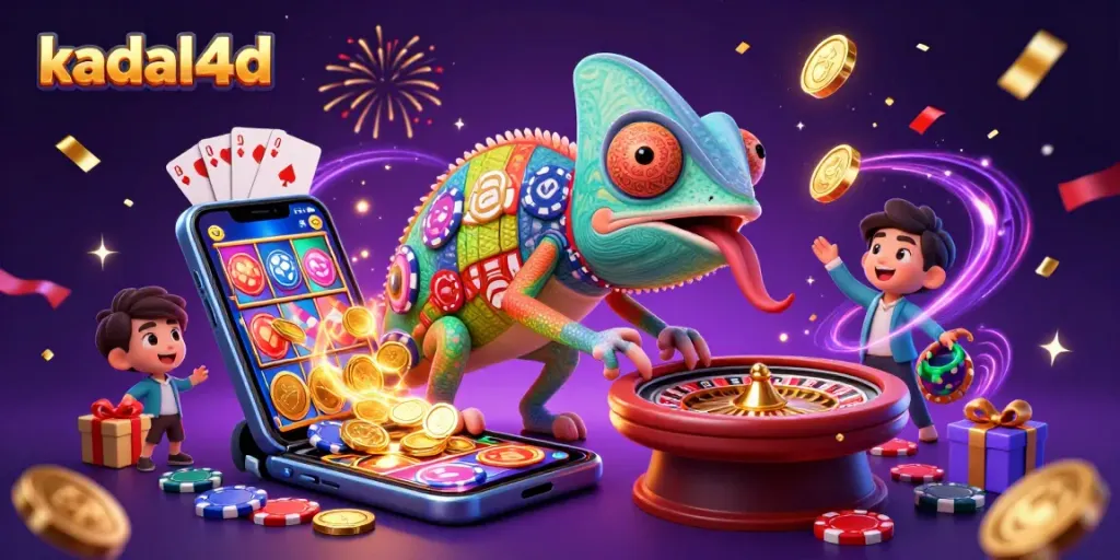Experience the excitement of kadal4d with a vibrant chameleon casino owner surrounded by dazzling game elements.