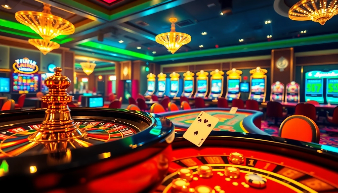 Experience thrilling gameplay at 9ph.art, featuring an elegant casino setup with roulette, poker, and vibrant slot machines.