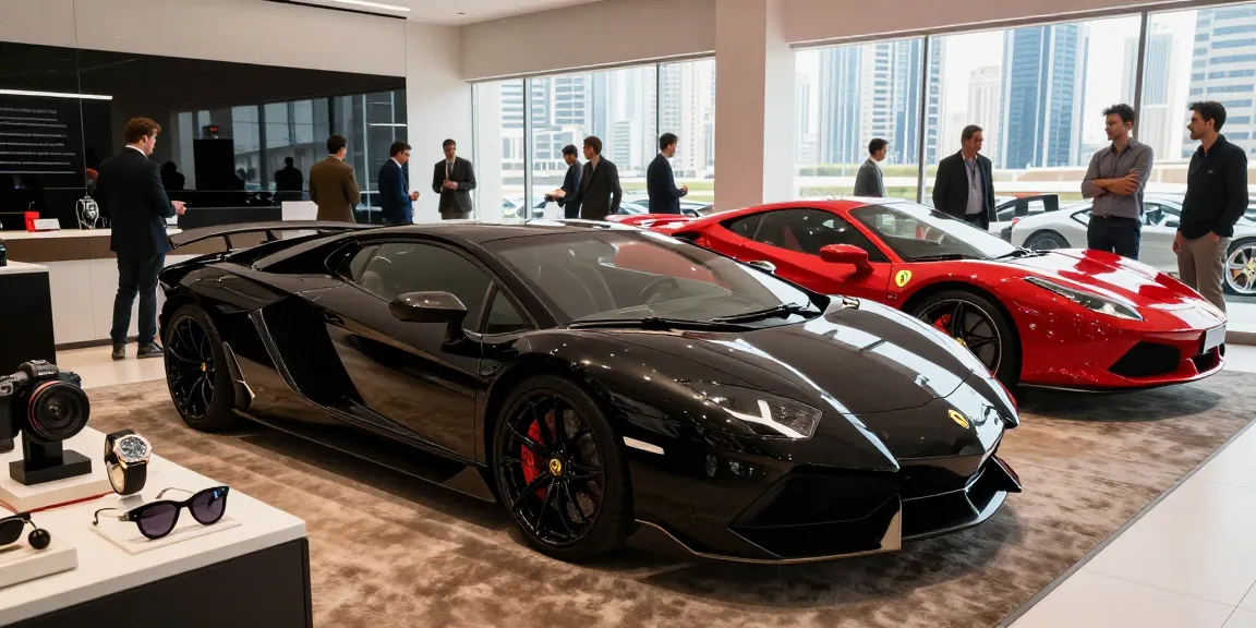 Menikmati pengalaman sewa mobil mewah LUXURY 777 di showroom Dubai.