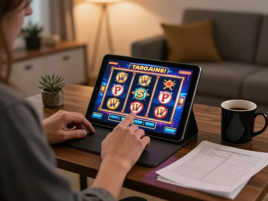 IDCJOKER player engaging with dynamic slots on tablet, showcasing home gaming enjoyment.