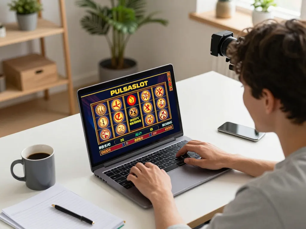 PULSASLOT player enjoying an engaging online slot gaming session, coffee and notes nearby