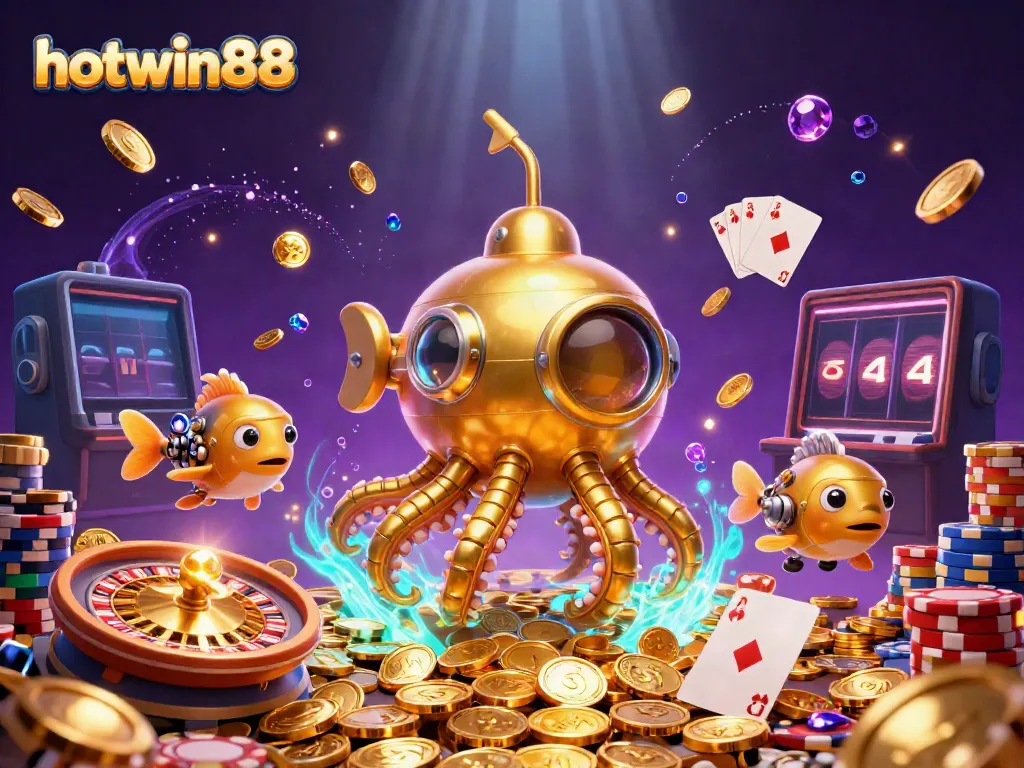 Slot gacor HOTWIN88 dengan karakter kartun 3D yang berinteraksi di lautan koin emas.