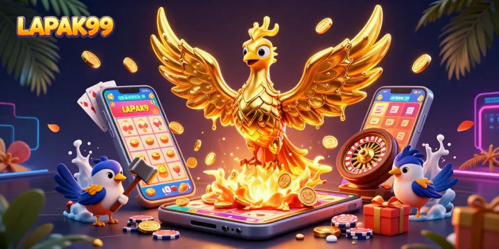Experience thrilling wins with LAPAK99 in this vibrant golden illustration of a phoenix and lottery games.