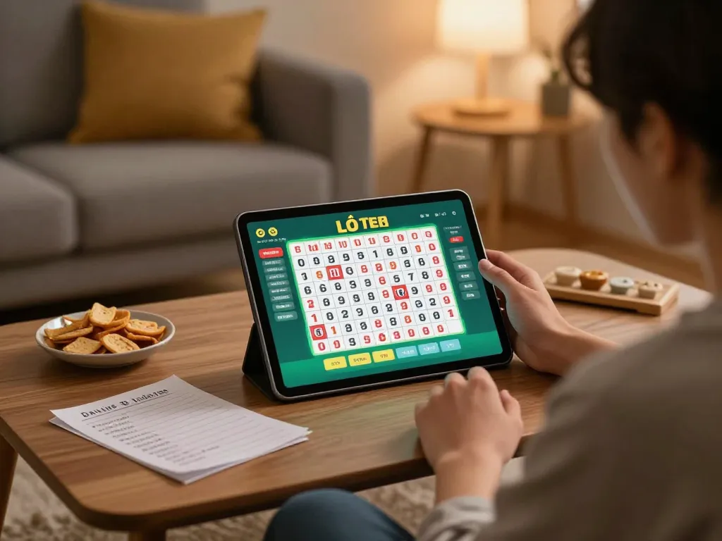 Engaged player analyzing lô đề odds on a tablet in a cozy home setting.