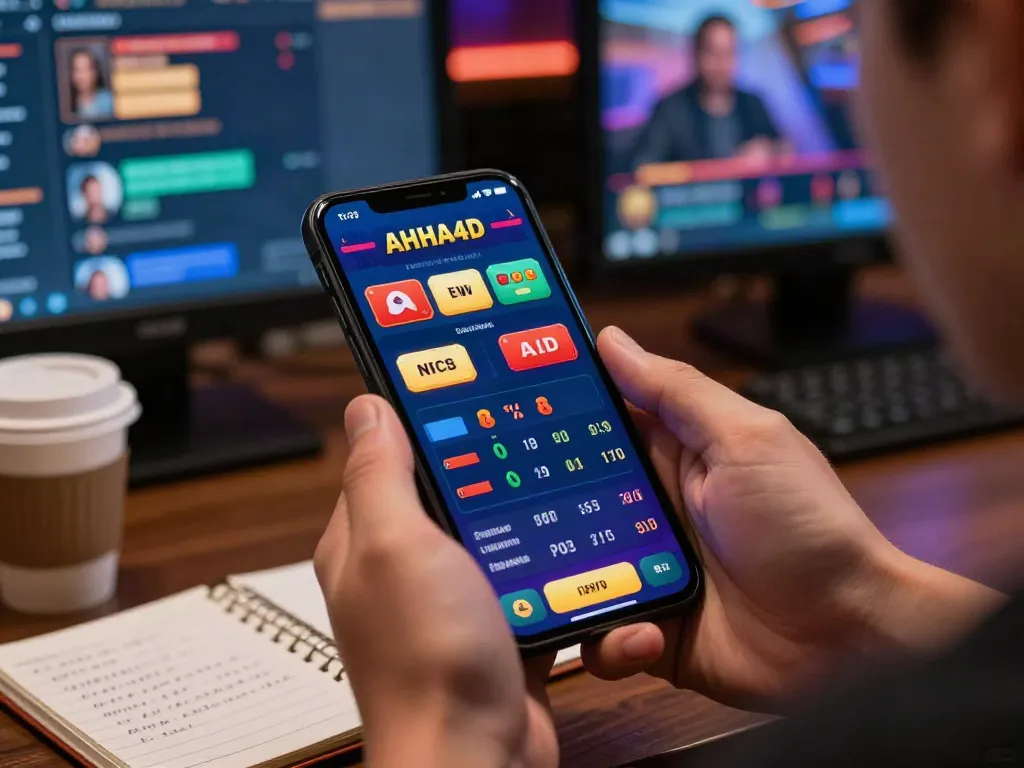 Pengguna aktif di AHHA4D dengan perangkat mobile, grafik menunjukkan hasil taruhan, suasana santai.