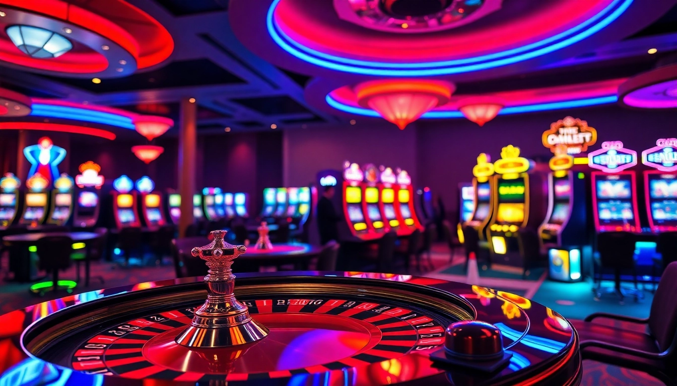 NEKOTOTO, suasana kasino yang penuh warna dengan meja roulette dan mesin slot berkilau.