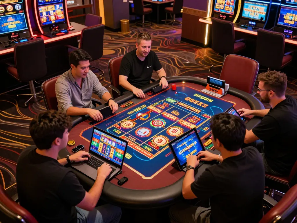 Players enjoying a thrilling online casino experience with IDC88 JOKER slots on screen, showcasing strategic gameplay.