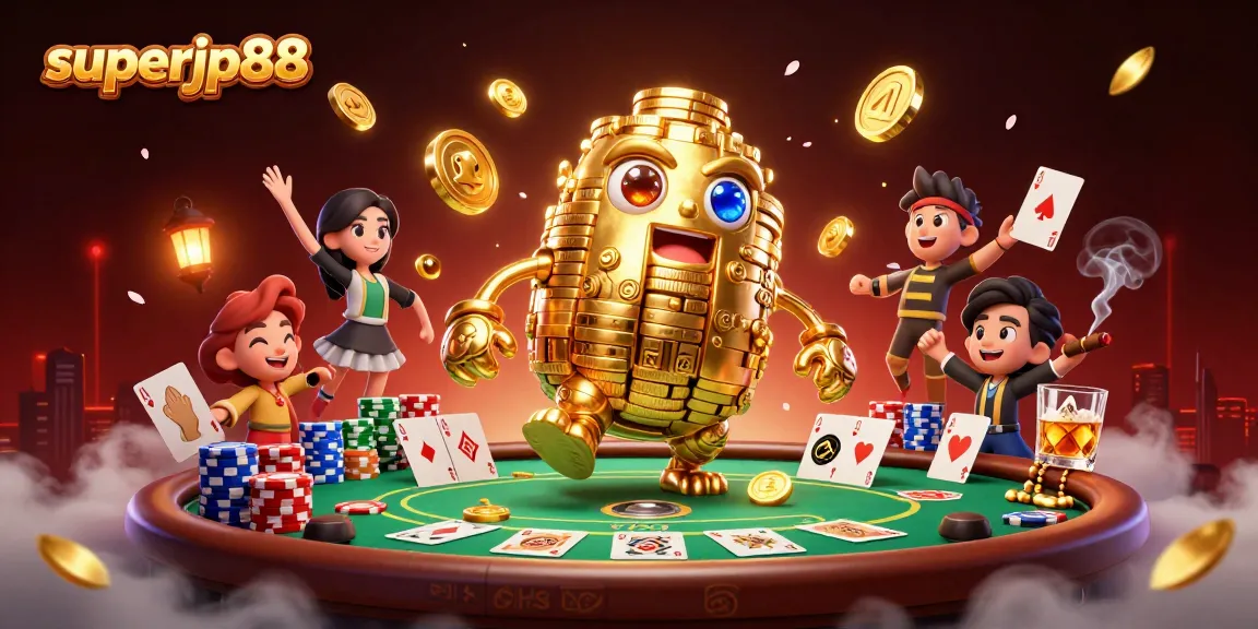 Experience the thrill with superjp88, featuring a golden golem and vibrant poker elements.