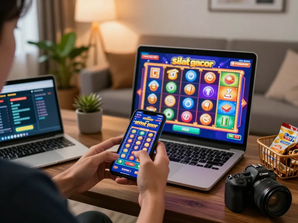 Engaging with situs slot gacor on smartphone, colorful slot graphics brightening the cozy home atmosphere
