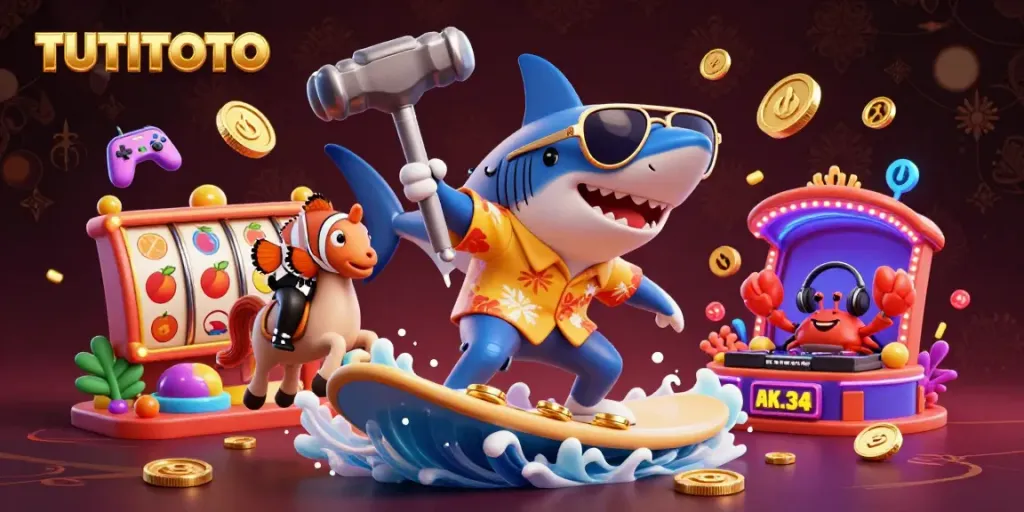 Experience the thrill of TUTITOTO with a vibrant 3D scene showcasing a shark surfing on gold coins amidst slots