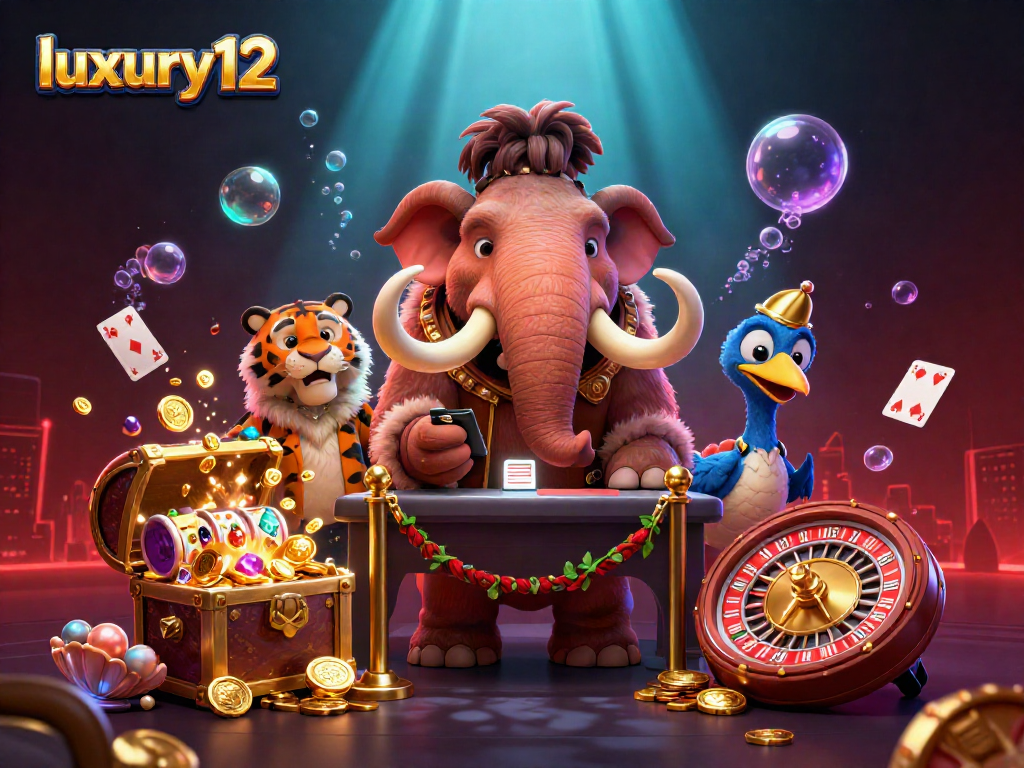 Experience the vibrant luxury12 casino scene with a woolly mammoth bouncer and vibrant game elements.