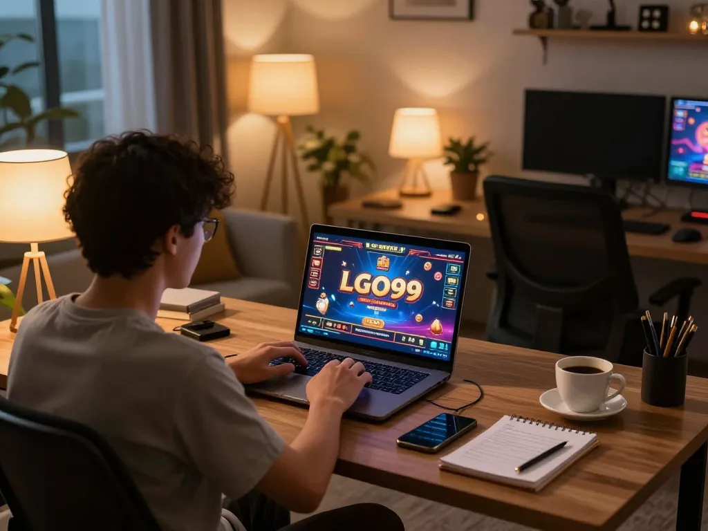 LGO99 player enjoying an online gaming session from a cozy home office.