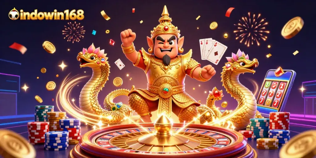 Engage with indowin168 through a vibrant casino adventure featuring Thai guardian and treasures.