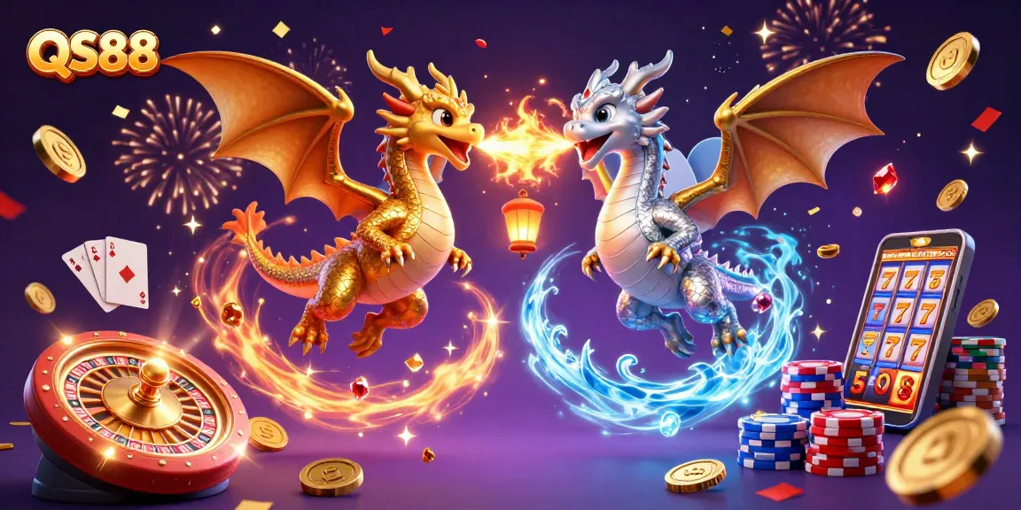 Experience the thrill of QS88 with vibrant dragons and casino elements in a dynamic gaming scene.