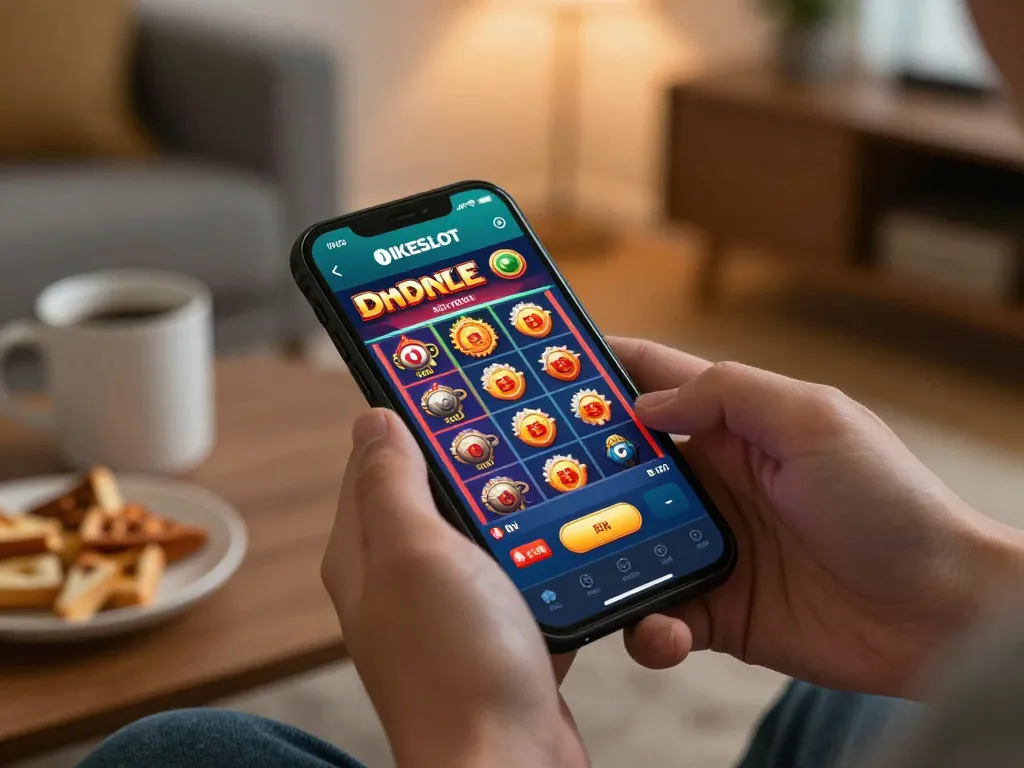 Pemain menggunakan aplikasi OKESLOT di smartphone untuk perjudian seluler di rumah, menampilkan antarmuka yang ramah pengguna.