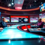 Engaging sports broadcasting studio with hosts discussing live events and vibrant screens.