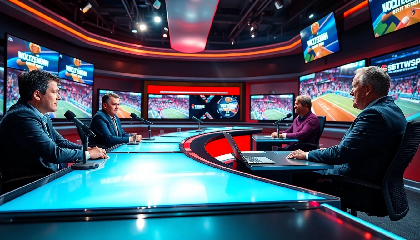 Engaging sports broadcasting studio with hosts discussing live events and vibrant screens.
