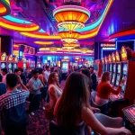 Vibrant casino scene featuring players enjoying wonplay894 slot machines with colorful lights.