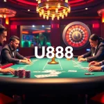 U888 players enjoying an exciting poker game with luxurious casino elements and vibrant lighting.