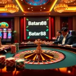 Experience the thrill of winning at Batara88 with a luxurious casino setup featuring roulette and slot machines.