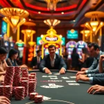 Players engaging in a thrilling poker game at thabet777 casino with vibrant ambiance.