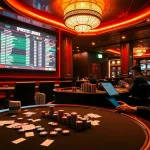 Betting on tỷ lệ bóng đá hôm nay amidst a luxurious casino environment filled with odds displays and poker chips.