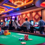 Naga99 exhilarating poker table action with colorful chips and cards in a vibrant casino ambiance.