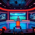 Captivating scene of sports broadcasting featuring a professional anchor amidst dynamic visuals.