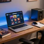 Player engaging with the 98win online casino interface on a sleek laptop in a modern home office.