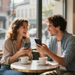 Couple enjoying AI sexting dialogue at a café, highlighting modern romance.