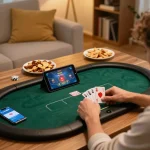 UU88 player celebrating a winning poker hand on tablet in cozy home setting.