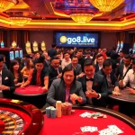 Experience the thrill of gambling at https://go8.live/ with an exciting casino scene featuring vibrant tables and games.
