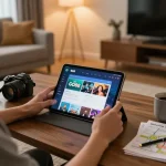 Engaging home setup showing a user playing TẢI GO88 on a tablet, illustrating a cozy gambling experience