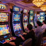 Players enjoying captivating slot777 games on colorful machines in a vibrant casino atmosphere