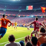 Bóng đá socolive live soccer match with players in action and cheering fans in a vibrant stadium.