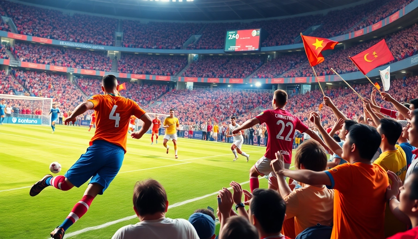 Bóng đá socolive live soccer match with players in action and cheering fans in a vibrant stadium.